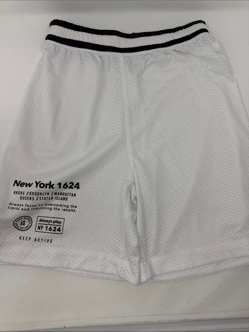 Zara White Athletic Mesh Shorts with Black Waistband Stripe